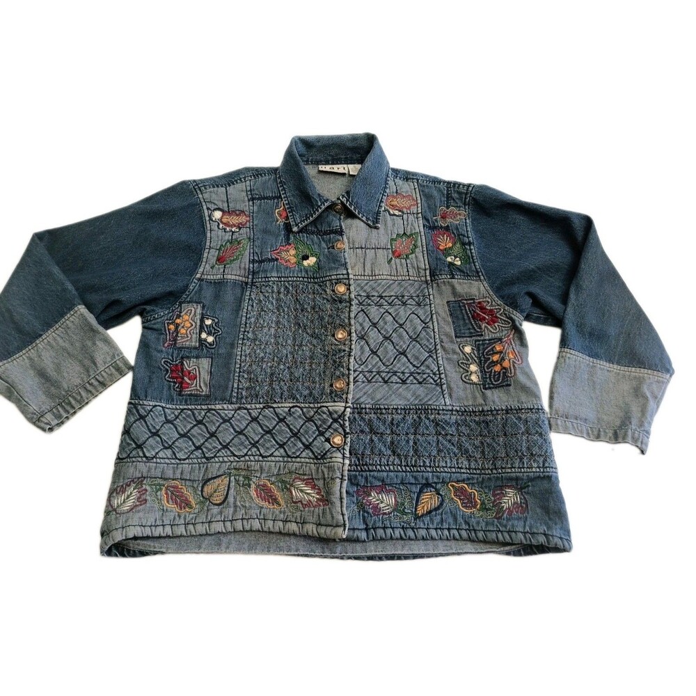 VTG Keren Hart Blue Quilted Denim Jacket Fall Leaf Patchwork Embroidered Size XL